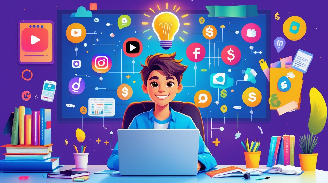Teenager learning how to earn money online using freelancing, content creation, and part-time jobs — modern illustration of how to earn money as a teenager