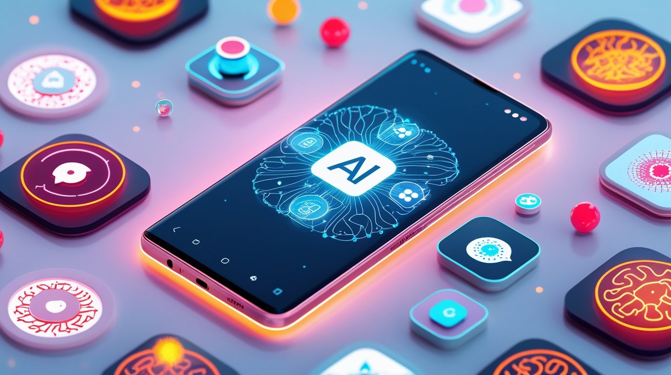 Futuristic Android phone displaying powerful AI apps for productivity, creativity, and smart features in 2025.