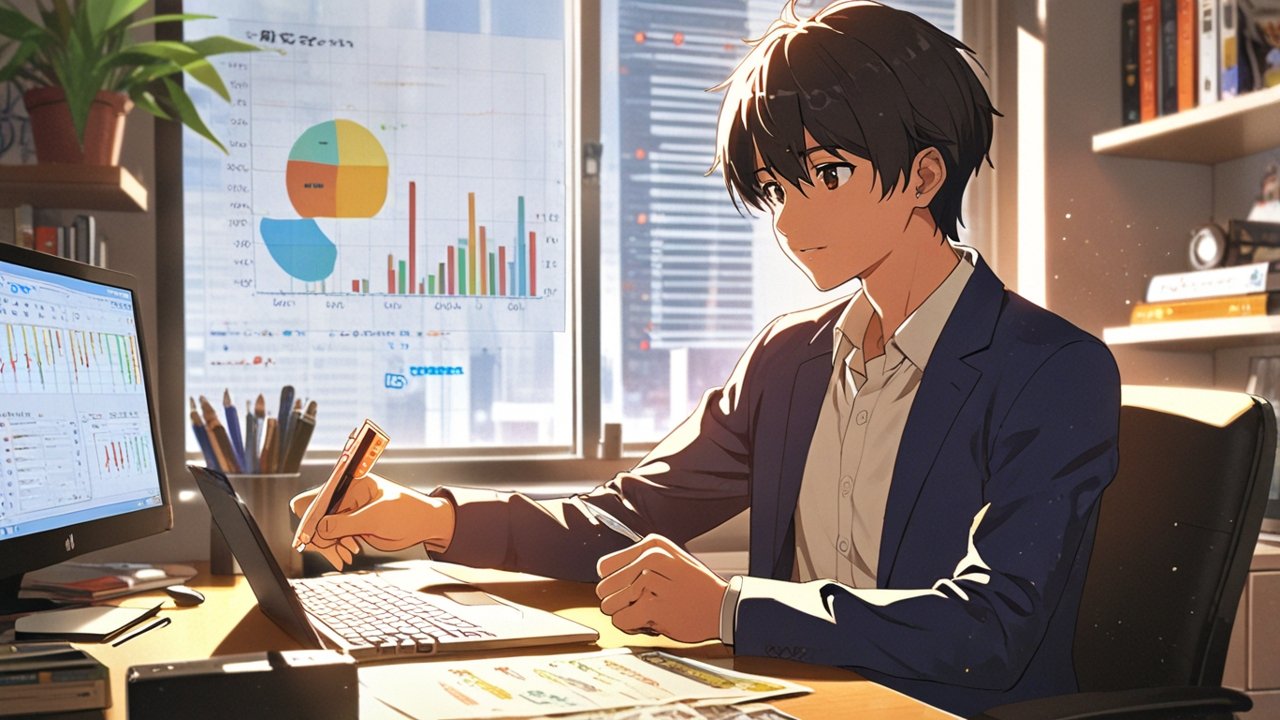 Young Indian tracking money habits using AngelOne app, holding cash and savings jar at desk