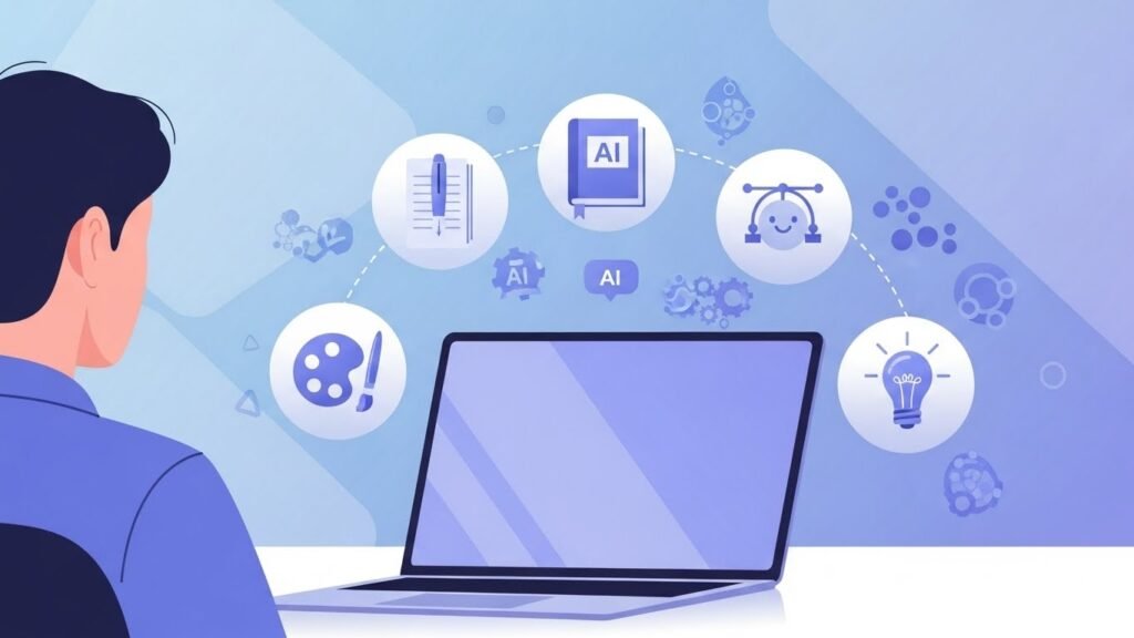 AI tools for beginners using laptop with writing, study and productivity icons