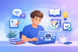 AI tools for beginners guide showing beginner using laptop with AI for writing, study and productivity