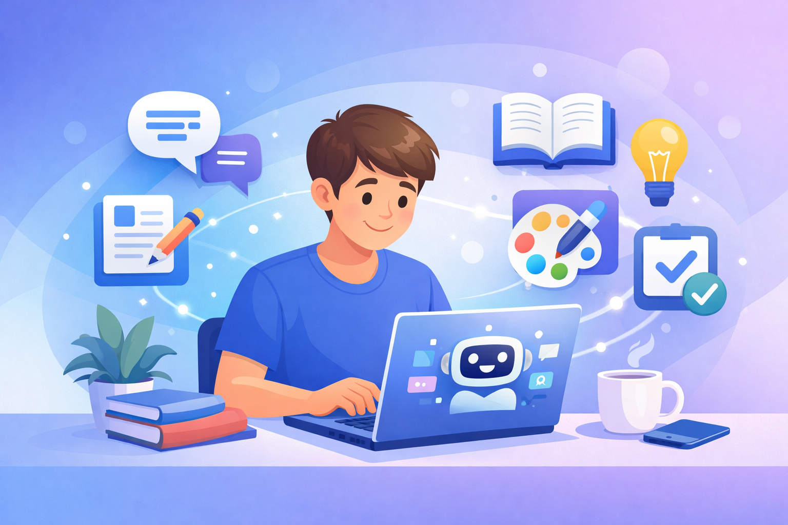 AI tools for beginners guide showing beginner using laptop with AI for writing, study and productivity